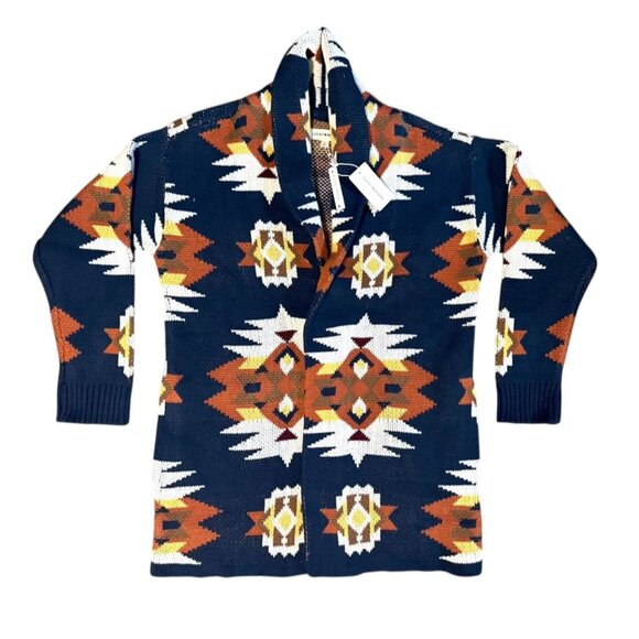 Lucky Brand Women Aztec Print Open Front Cardigan Sweater Navy Multicolor L NWT - Picture 1 of 7